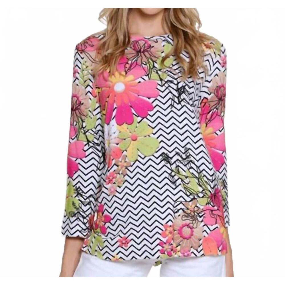 NEW MULTIPLES floral chevron bedazzled blouse in multi